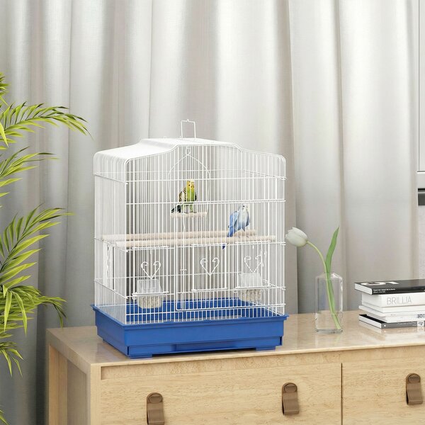 PawHut Gabbia per Uccelli Voliera in Acciaio con 2 Mangiatoie 2 Posatoi Altalena e Vassoio Estraibile Maniglia 46,5x36x59 cm Blu | Aosom Italy