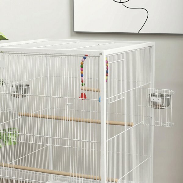 PawHut Gabbia per Uccelli su Ruote con Ciotole Posatoi Dondolo e Vassoio Estraibile 48x46x78 cm Bianco | Aosom Italy