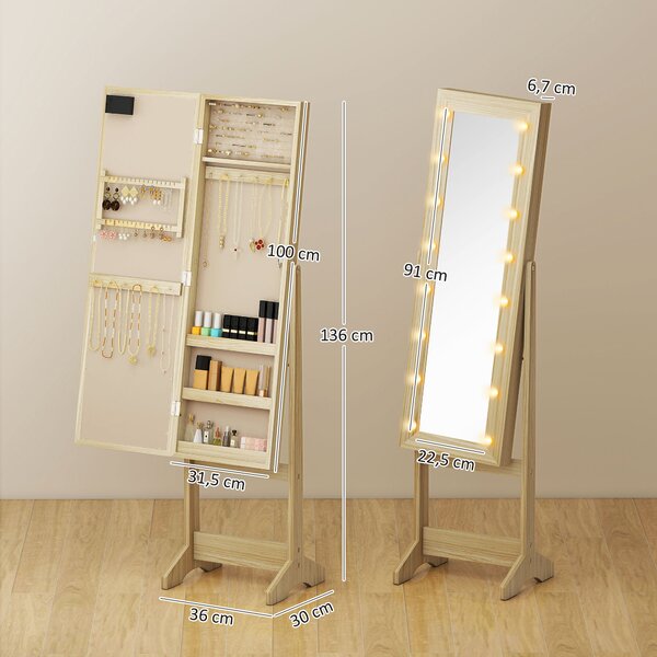 HOMCOM Specchio Portagioie con Luci LED Armadio per Gioielli Armadio Portagioie da Terra con Specchio Intero Angolo Regolabile Legno Naturale | Aosom Italy