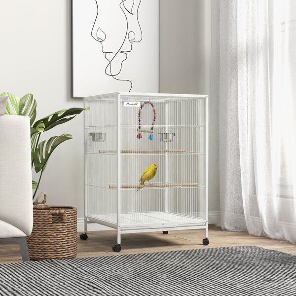 PawHut Gabbia per Uccelli su Ruote con Ciotole Posatoi Dondolo e Vassoio Estraibile 48x46x78 cm Bianco | Aosom Italy