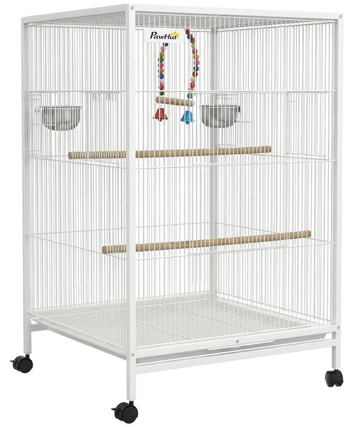PawHut Gabbia per Uccelli su Ruote con Ciotole Posatoi Dondolo e Vassoio Estraibile 48x46x78 cm Bianco | Aosom Italy
