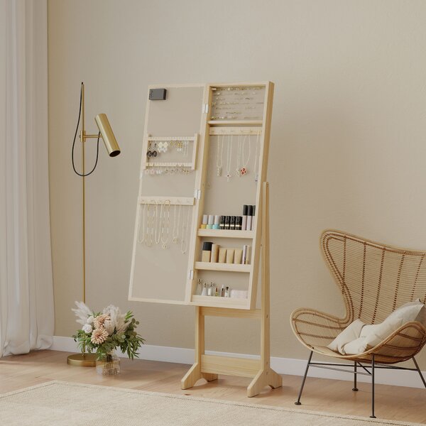 HOMCOM Specchio Portagioie con Luci LED Armadio per Gioielli Armadio Portagioie da Terra con Specchio Intero Angolo Regolabile Legno Naturale | Aosom Italy