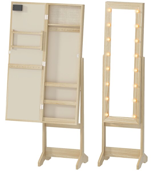 HOMCOM Specchio Portagioie con Luci LED Armadio per Gioielli Armadio Portagioie da Terra con Specchio Intero Angolo Regolabile Legno Naturale | Aosom Italy