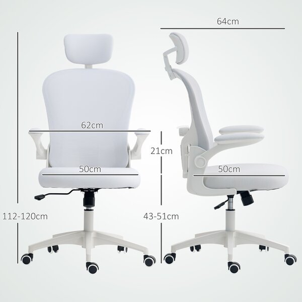 Vinsetto Sedia da Ufficio in Rete con Schienale Alto Poggiatesta Regolabile Supporto Lombare 4D 62x64x120 cm Bianco | Aosom Italy