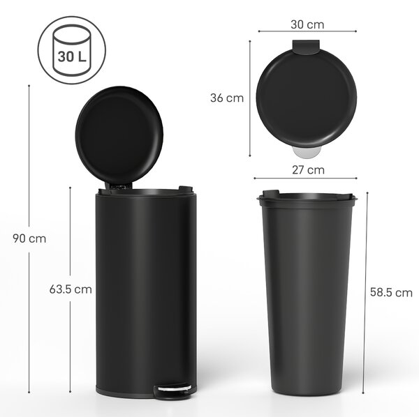 HOMCOM Pattumiera 30 L a Pedale con Coperchio, Secchio Interno, Chiusura Ammortizzata 36 x 30 x 63,5 cm, Nero | Aosom Italy