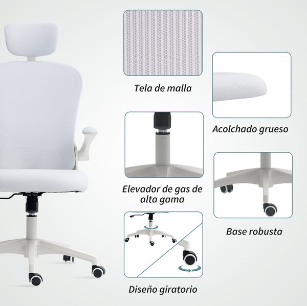 Vinsetto Sedia da Ufficio in Rete con Schienale Alto Poggiatesta Regolabile Supporto Lombare 4D 62x64x120 cm Bianco | Aosom Italy