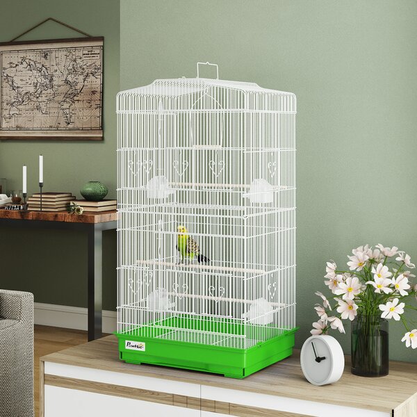PawHut Gabbia per Uccelli Voliera in Metallo con 4 Mangiatoie 3 Posatoi Altalena e Vassoio Estraibile Maniglia 46,5x35,5x92 cm Verde | Aosom Italy