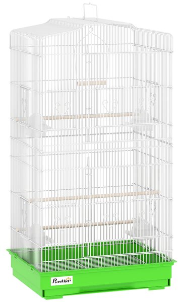 PawHut Gabbia per Uccelli Voliera in Metallo con 4 Mangiatoie 3 Posatoi Altalena e Vassoio Estraibile Maniglia 46,5x35,5x92 cm Verde | Aosom Italy