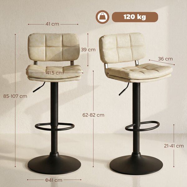 HOMCOM Set da 2 sgabelli da bar Vintage capitonné - girevoli, regolabili - poggiapiedi - rivestimento sintetico crema | Aosom Italy