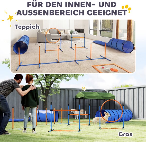 PawHut Agility Set per cani 11 pezzi Attrezzatura Agility per cani con 2 tunnel Altezza regolabile Cerchio da salto & Ostacoli Pali slalom | Aosom Italy