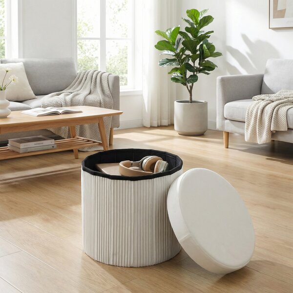 HOMCOM Pouf Contenitore Panca Contenitore Pieghevole 35 L 38x38x38 cm Rivestito in Velluto Baule Contenitore Rotondo Crema | Aosom Italy