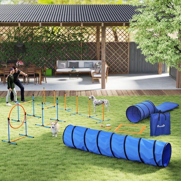 PawHut Agility Set per cani 11 pezzi Attrezzatura Agility per cani con 2 tunnel Altezza regolabile Cerchio da salto & Ostacoli Pali slalom | Aosom Italy