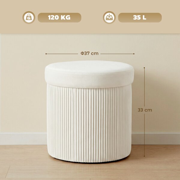 HOMCOM Pouf Contenitore Panca Contenitore Pieghevole 35 L 38x38x38 cm Rivestito in Velluto Baule Contenitore Rotondo Crema | Aosom Italy