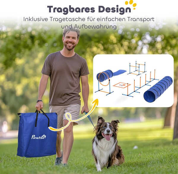 PawHut Agility Set per cani 11 pezzi Attrezzatura Agility per cani con 2 tunnel Altezza regolabile Cerchio da salto & Ostacoli Pali slalom | Aosom Italy