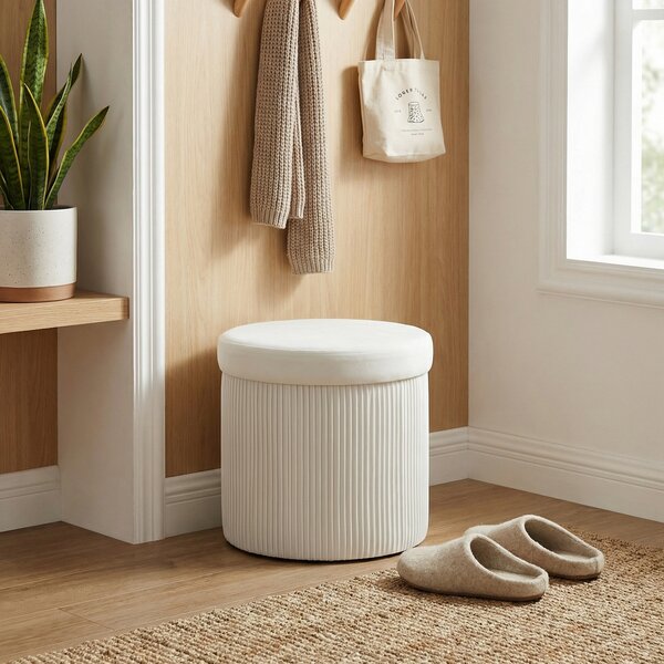 HOMCOM Pouf Contenitore Panca Contenitore Pieghevole 35 L 38x38x38 cm Rivestito in Velluto Baule Contenitore Rotondo Crema | Aosom Italy