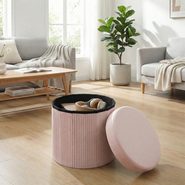 HOMCOM Pouf Contenitore Panca Contenitore Pieghevole 35 L 38x38x38 cm Rivestito in Velluto Baule di Stoccaggio Rotondo Rosa | Aosom Italy