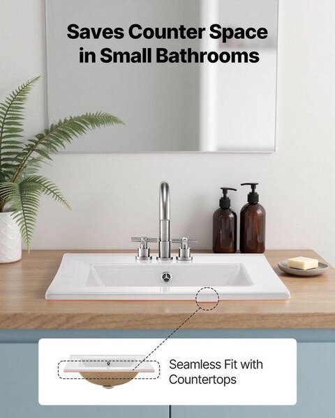 Lavabo - Lavabo semi-incassato - Rettangolare 51 x 46,5 cm - Con troppopieno - 3 fori per rubinetto - Compatto per bagni piccoli - Bianco