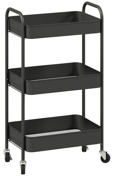 HOMCOM Carrello multifunzione, carrello su ruote, carrello cucina, 3 ripiani, 4 ruote, 45 cm x 30,6 cm x 79 cm, nero | Aosom Italy