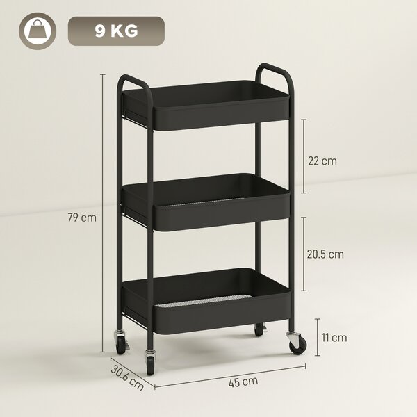 HOMCOM Carrello multifunzione, carrello su ruote, carrello cucina, 3 ripiani, 4 ruote, 45 cm x 30,6 cm x 79 cm, nero | Aosom Italy