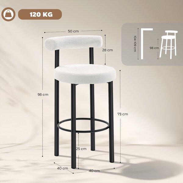 HOMCOM Set di 2 sgabelli da bar, sedie da bar in tessuto bouclé con schienale curvo, poggiapiedi, 50x52,5x98cm, crema | Aosom Italy