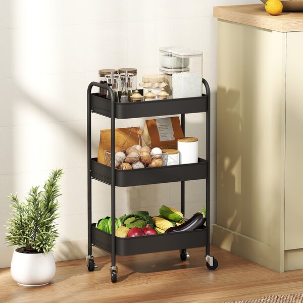 HOMCOM Carrello multifunzione, carrello su ruote, carrello cucina, 3 ripiani, 4 ruote, 45 cm x 30,6 cm x 79 cm, nero | Aosom Italy