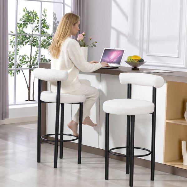 HOMCOM Set di 2 sgabelli da bar, sedie da bar in tessuto bouclé con schienale curvo, poggiapiedi, 50x52,5x98cm, crema | Aosom Italy