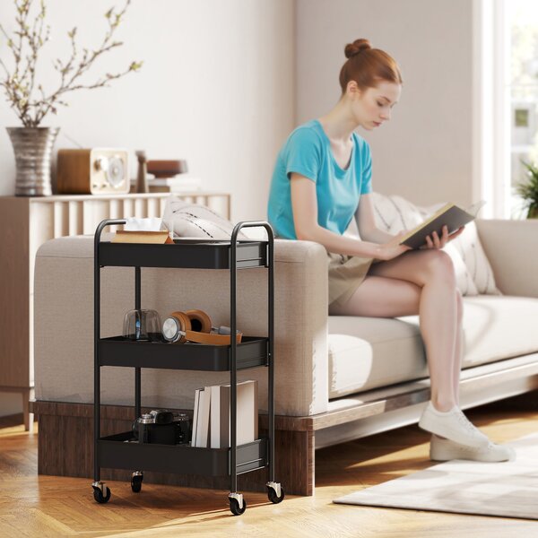 HOMCOM Carrello multifunzione, carrello su ruote, carrello cucina, 3 ripiani, 4 ruote, 45 cm x 30,6 cm x 79 cm, nero | Aosom Italy