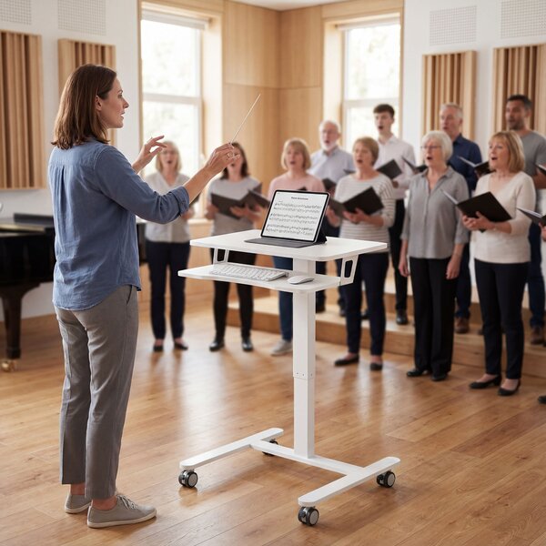 HOMCOM Scrivania Sit-Stand Regolabile in Altezza, Scrivania Mobile con Ripiano per Tastiera, Ruote e Telaio in Acciaio, Bianco | Aosom Italy