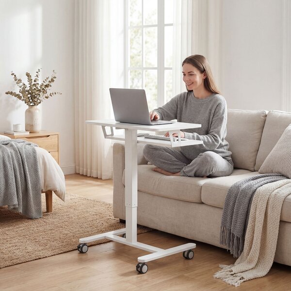 HOMCOM Scrivania Sit-Stand Regolabile in Altezza, Scrivania Mobile con Ripiano per Tastiera, Ruote e Telaio in Acciaio, Bianco | Aosom Italy