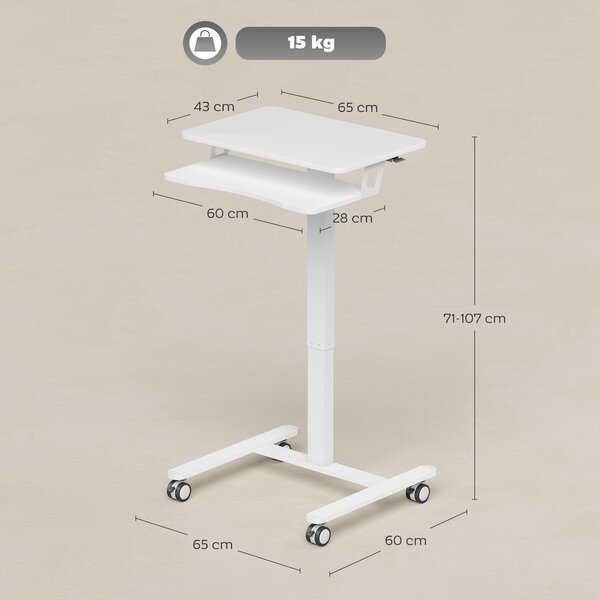 HOMCOM Scrivania Sit-Stand Regolabile in Altezza, Scrivania Mobile con Ripiano per Tastiera, Ruote e Telaio in Acciaio, Bianco | Aosom Italy