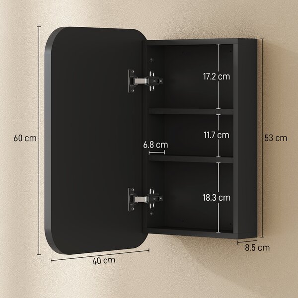 HOMCOM Armadio a specchio per bagno, Mobile bagno con specchio, Pensile con ripiano regolabile, 40 x 10 x 60 cm, Nero | Aosom Italy