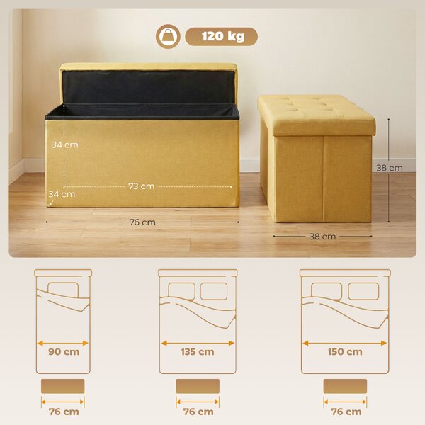 HOMCOM Pouf Contenitore, Panca Contenitore Pieghevole 84 L 76x38x38 cm Rivestimento in Lino Sintetico Giallo | Aosom Italy