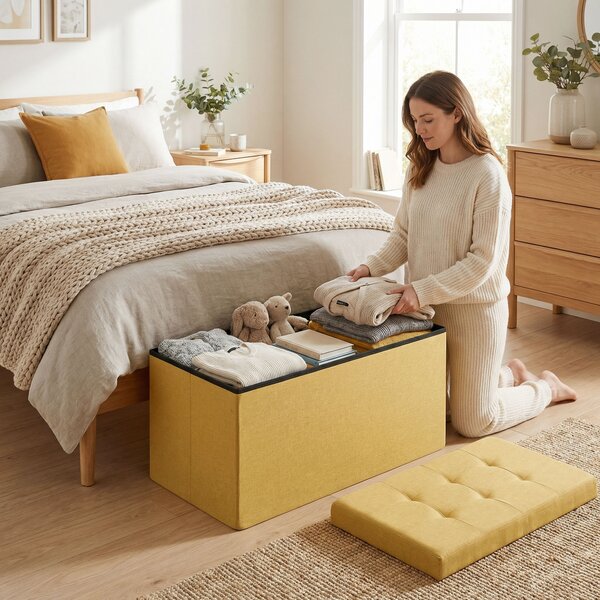 HOMCOM Pouf Contenitore, Panca Contenitore Pieghevole 84 L 76x38x38 cm Rivestimento in Lino Sintetico Giallo | Aosom Italy