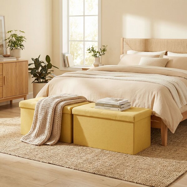 HOMCOM Pouf Contenitore, Panca Contenitore Pieghevole 84 L 76x38x38 cm Rivestimento in Lino Sintetico Giallo | Aosom Italy