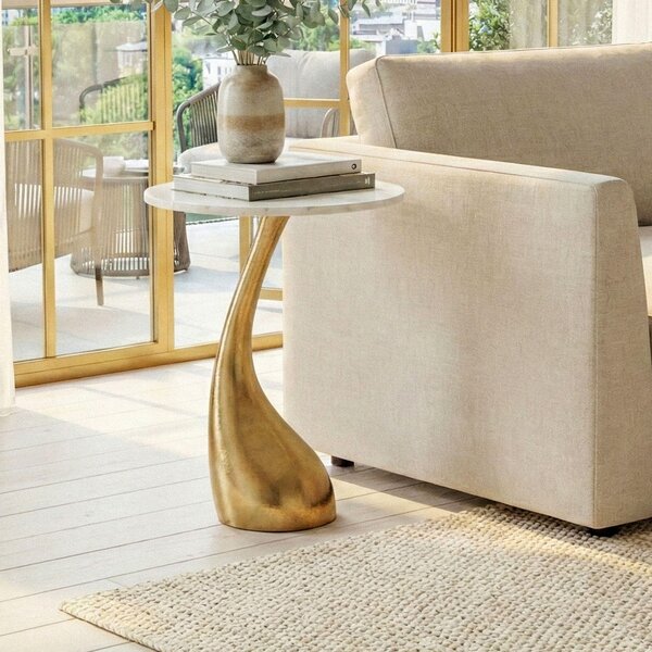 WOHNLING Tavolino da 45 cm dorato con piano in marmo bianco Tavolino da salotto piccolo rotondo Tavolino da divano in alluminio Tavolino da soggiorno con struttura in metallo alta Realizzato a mano
