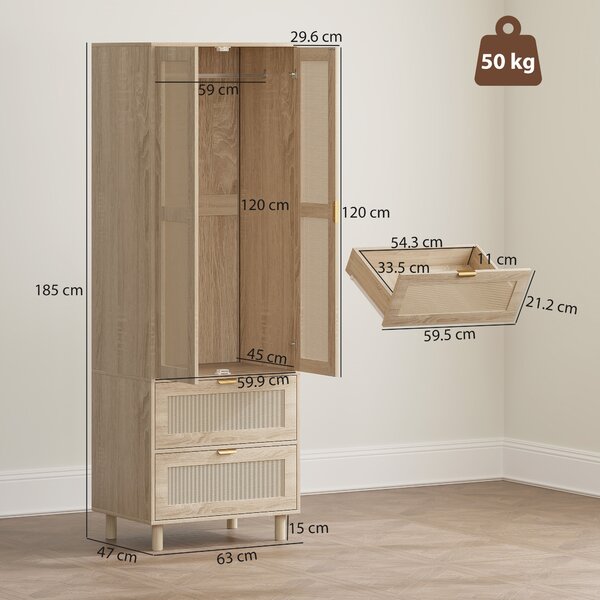 HOMCOM Armadio da camera con 2 porte effetto rattan, 2 cassetti e barra appendiabiti, 63 x 47 x 185 cm, legno naturale | Aosom Italy