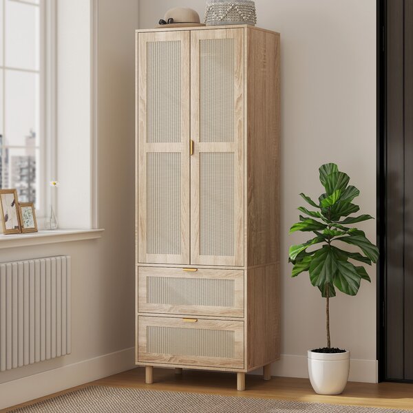 HOMCOM Armadio da camera con 2 porte effetto rattan, 2 cassetti e barra appendiabiti, 63 x 47 x 185 cm, legno naturale | Aosom Italy
