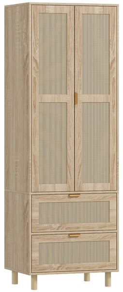 HOMCOM Armadio da camera con 2 porte effetto rattan, 2 cassetti e barra appendiabiti, 63 x 47 x 185 cm, legno naturale | Aosom Italy