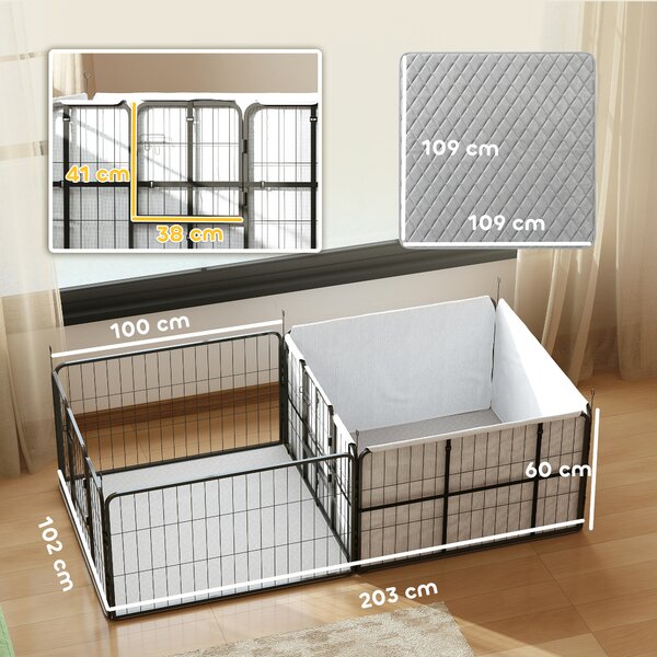 PawHut Box maternità per cuccioli, recinto per cuccioli con 7 pannelli, 2 sezioni, tappetino lavabile, 203x102x60cm Nero | Aosom Italy