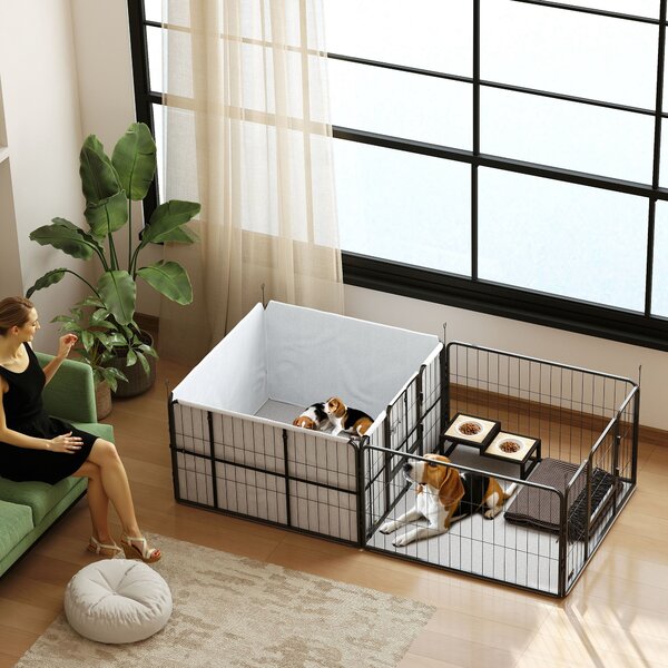 PawHut Box maternità per cuccioli, recinto per cuccioli con 7 pannelli, 2 sezioni, tappetino lavabile, 203x102x60cm Nero | Aosom Italy