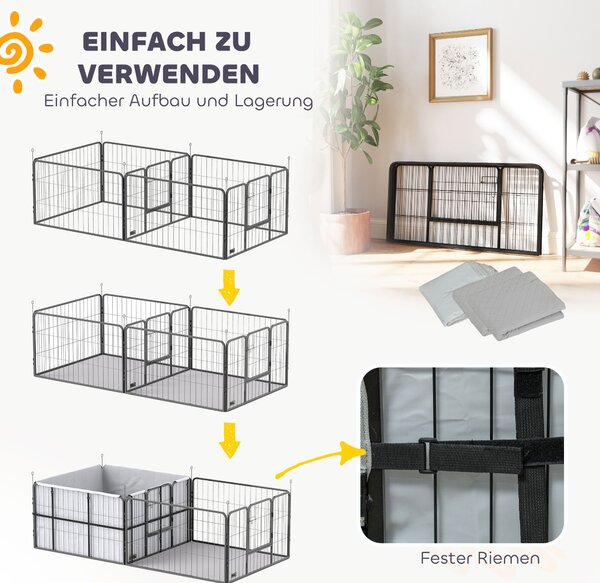 PawHut Box maternità per cuccioli, recinto per cuccioli con 7 pannelli, 2 sezioni, tappetino lavabile, 203x102x60cm Nero | Aosom Italy
