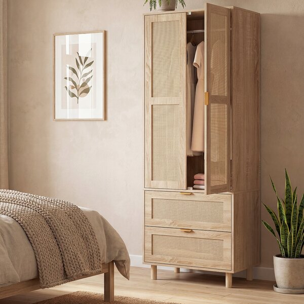 HOMCOM Armadio da camera con 2 porte effetto rattan, 2 cassetti e barra appendiabiti, 63 x 47 x 185 cm, legno naturale | Aosom Italy