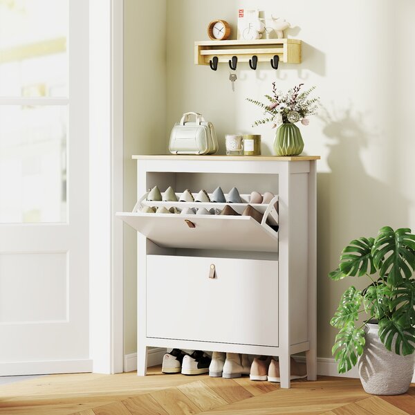 HOMCOM Scarpiera Slim 2 Cassetti per 14 Paia di Scarpe Taglia EU44 e Ripiani Regolabili, 80x24x95.5cm, Bianco