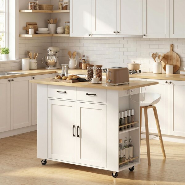 HOMCOM Isola da Cucina con Stazione di Ricarica, Carrello da Cucina su Ruote con Piano di Lavoro Ribaltabile, 2 Cassetti, Bianco | Aosom Italy