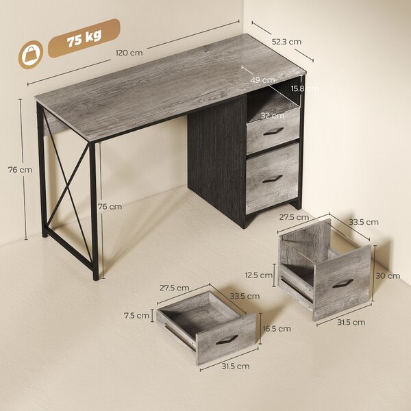 HOMCOM Scrivania per Computer 120x50 cm Scrivania Industriale con Scomparto e 2 Cassetti per Ufficio Grigio Chiaro | Aosom Italy