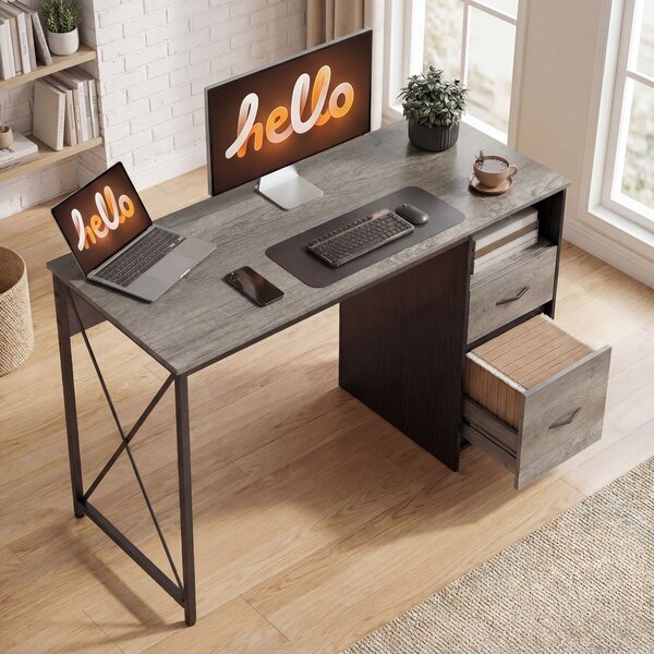 HOMCOM Scrivania per Computer 120x50 cm Scrivania Industriale con Scomparto e 2 Cassetti per Ufficio Grigio Chiaro | Aosom Italy