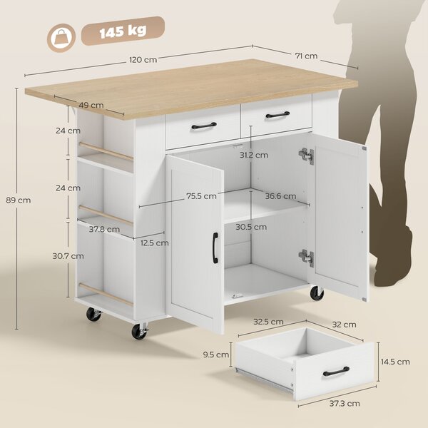 HOMCOM Isola da Cucina con Stazione di Ricarica, Carrello da Cucina su Ruote con Piano di Lavoro Ribaltabile, 2 Cassetti, Bianco | Aosom Italy