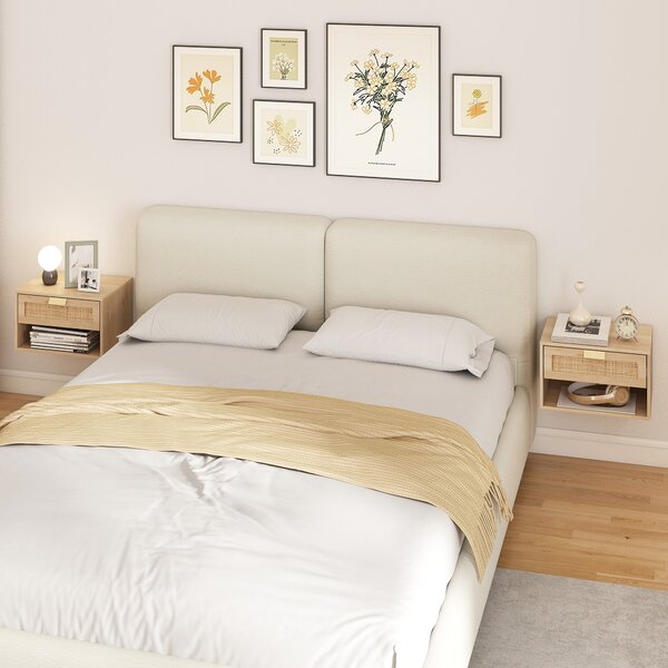 HOMCOM Set di 2 Comodini Sospesi con Cassetto in Rattan Ripiano Aperto Salva Spazio 40x30x25 cm Rovere | Aosom Italy