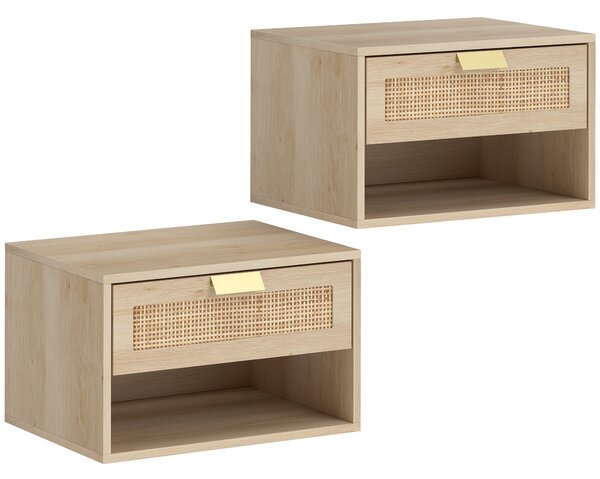 HOMCOM Set di 2 Comodini Sospesi con Cassetto in Rattan Ripiano Aperto Salva Spazio 40x30x25 cm Rovere | Aosom Italy