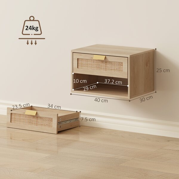 HOMCOM Set di 2 Comodini Sospesi con Cassetto in Rattan Ripiano Aperto Salva Spazio 40x30x25 cm Rovere | Aosom Italy